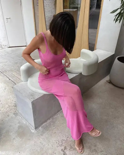 Backless Beach Dress Mesh Splice See Through Knitted Long Dresses Hot Party Slim Cover-up Dress