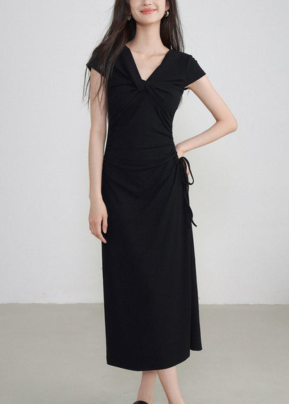 Classy Black V Neck Cinched Maxi Dresses Short Sleeve Ee033
