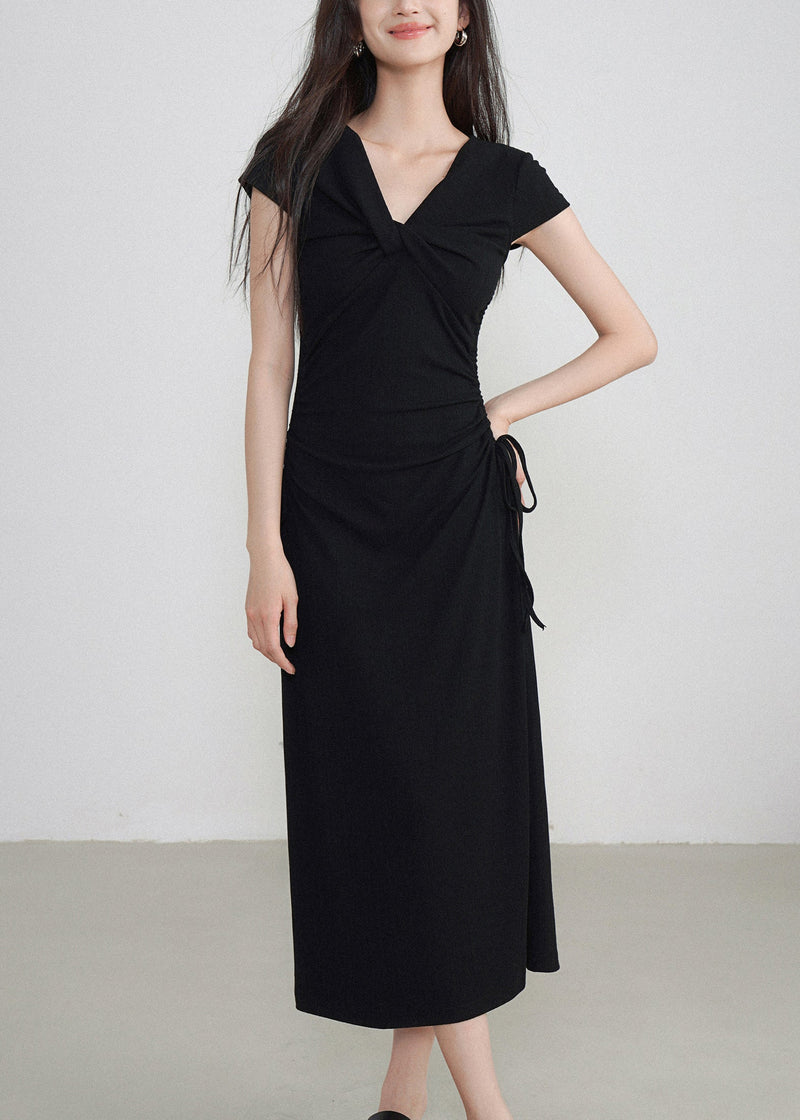 Classy Black V Neck Cinched Maxi Dresses Short Sleeve Ee033