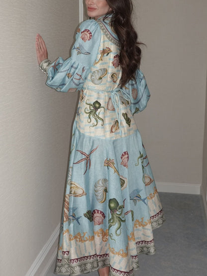 Unique Deep Sea Print Single Breasted Midi Dress