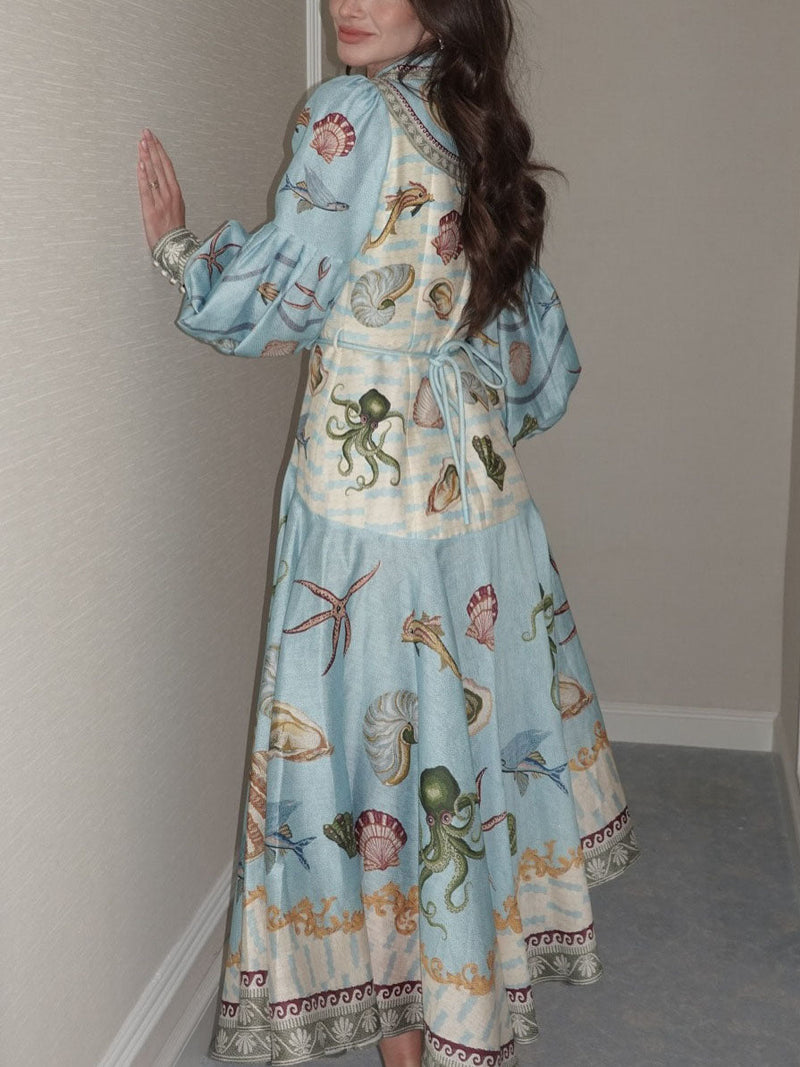 Unique Deep Sea Print Single Breasted Midi Dress