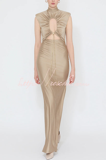Genis Hollow Elastic Bust High Neck Sleeveless Gathered Maxi Dress