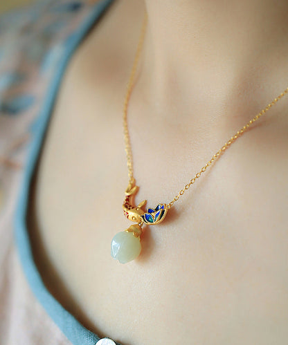 Boutique Gold Sterling Silver Ancient Gold Jade Lotus Enamel Pendant Necklace