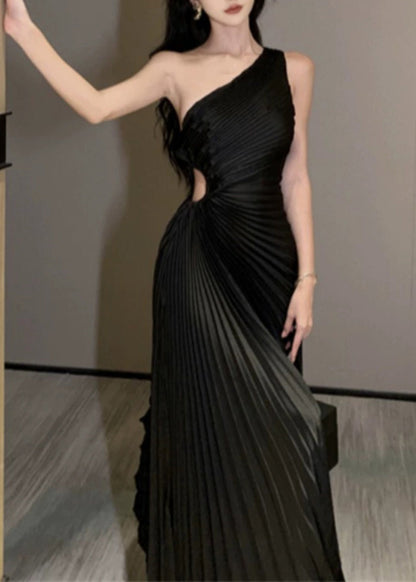 French Black Cold Shoulder Hollow Out Maxi Dress Summer Aj1030
