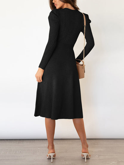 High Waisted Long Sleeves Color Tied Waist Round-neck Midi Dresses Sweater Dresses