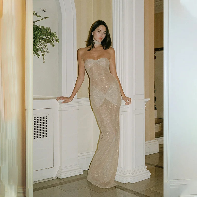 Off-shoulder Glitter Fishtail Maxi Dress