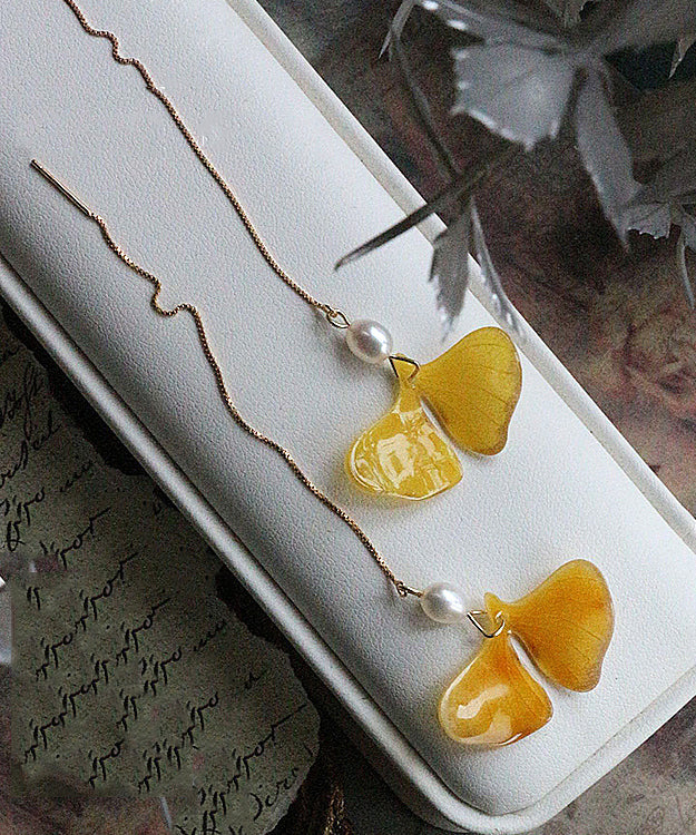 Stylish Yellow 14k Gold Pearl Ginkgo Leaf Tassel Drop Earrings