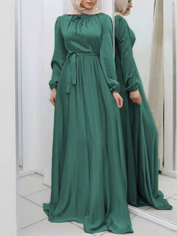 Long Sleeves Loose Pleated Color Tied Waist Maxi Dresses