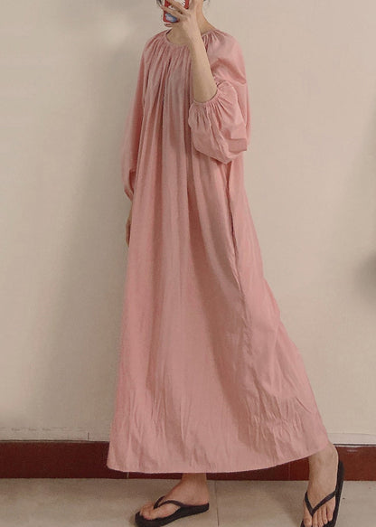 Pink Wrinkled Pockets Maxi Dress Long Sleeve Tt1044