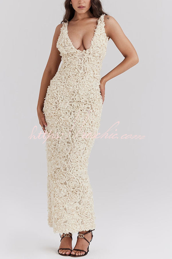 Champagne Party Rose Applique Slit Pencil Maxi Dress