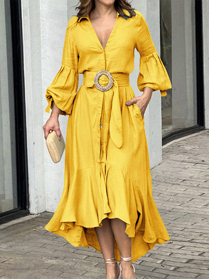 High-low Puff Sleeves Pleated Color Lapel Collar Maxi Dresses