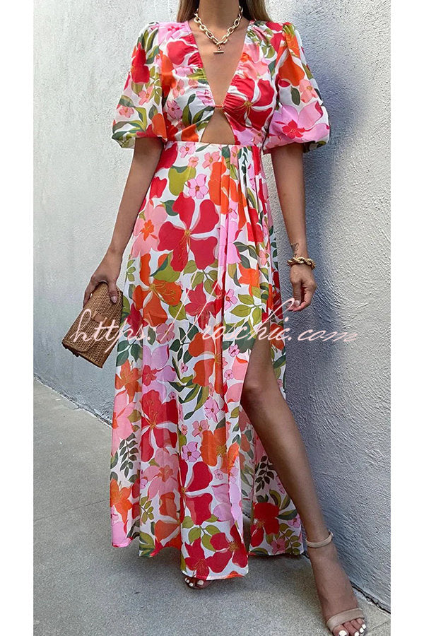 Del Mare Puff Sleeve Front Cutout High Low Maxi Dress
