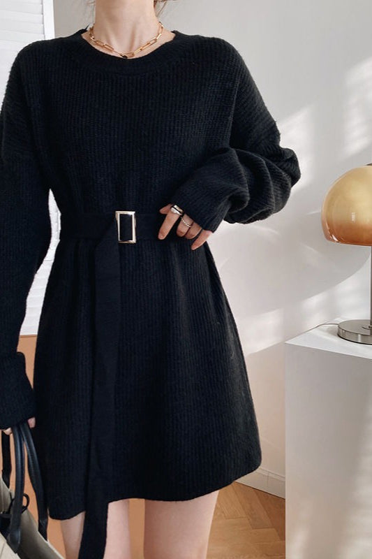 French Style Tie-waist Knit Mini Dress