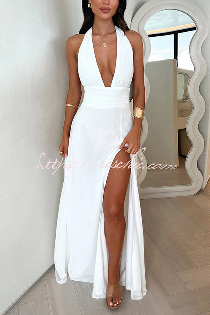 V-neck Backless Waist Tie High Slit Maxi Dress