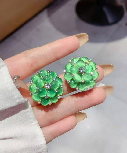 Stylish Green Alloy Zircon Cat's Eye Stud Earrings