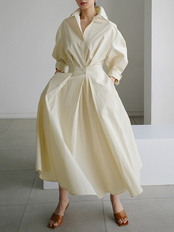Long Sleeves Loose Pleated Color Split-joint Tied Waist Lapel Midi Dresses Shirt Dress
