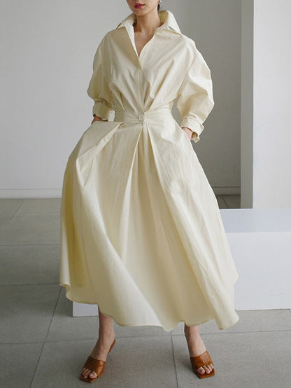 Long Sleeves Loose Pleated Color Split-joint Tied Waist Lapel Midi Dresses Shirt Dress