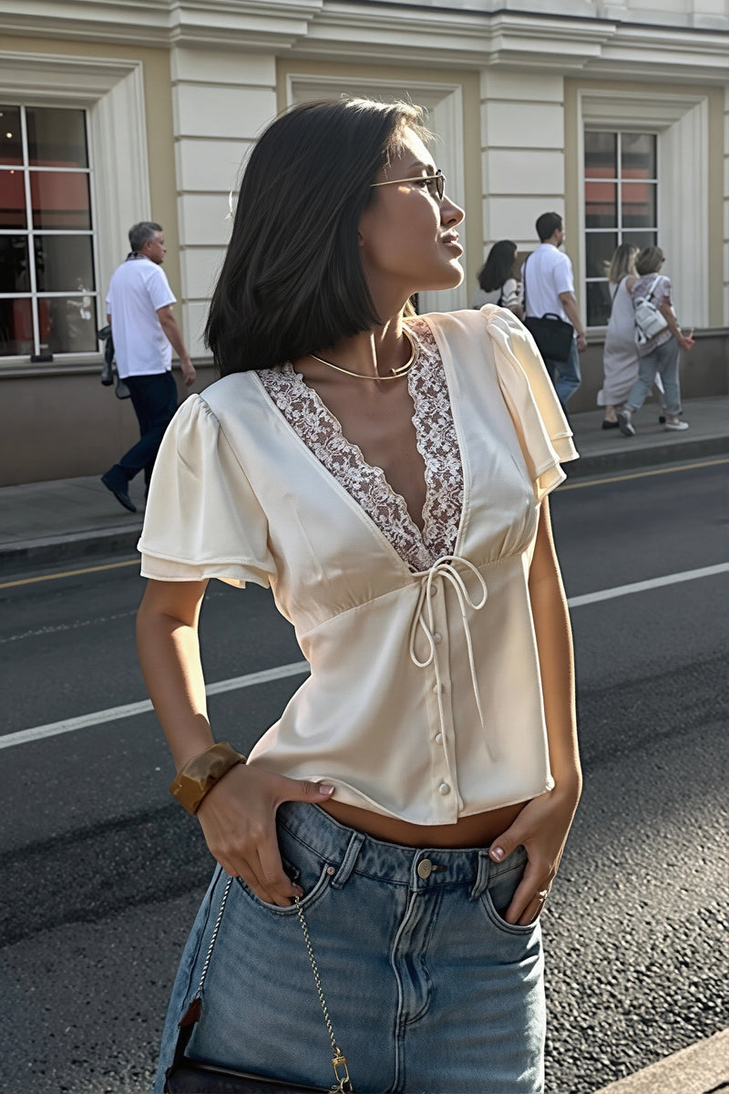 Lace Satin Splice Tie Blouse