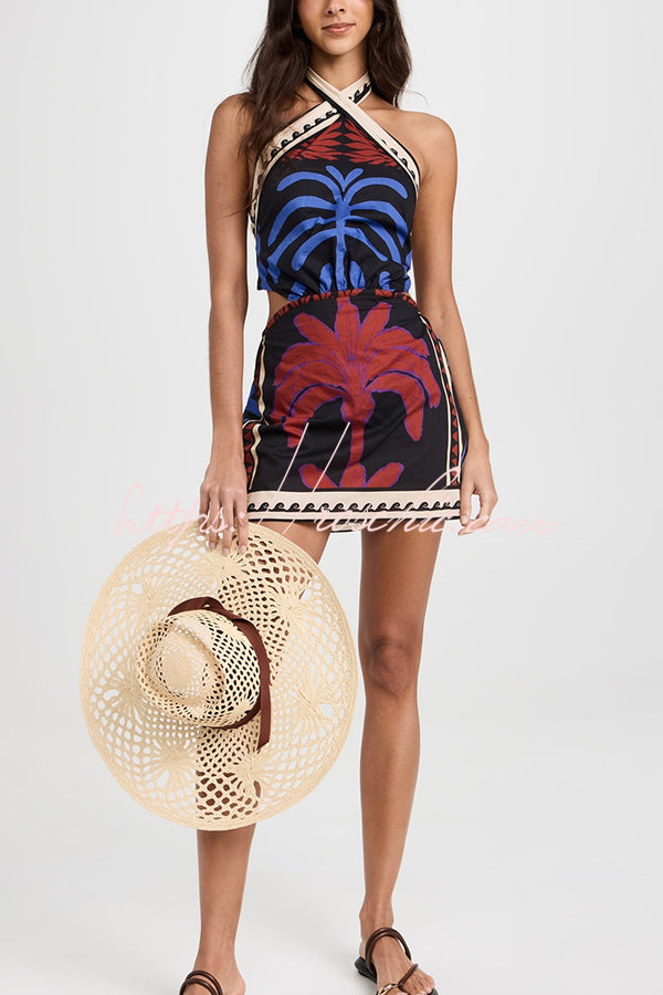 Unique Printed Halterneck Resort Beach Mini Dress