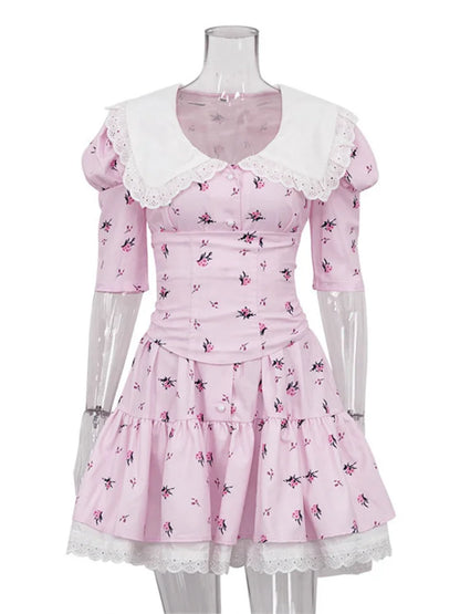 Summer Printed Patchwork Mini Dress Female V-neck Short Sleeve Slim Party Dress Gown for Dress