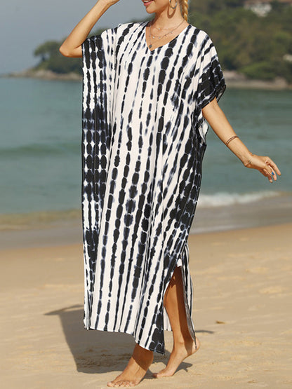 Loose Short Sleeves Printed Split-side Sun Protection V-neck Maxi Dresses