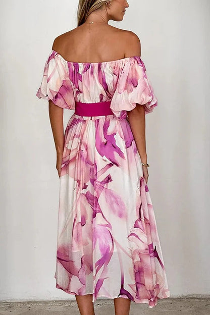 Print Puff Sleeve Tie-waist Midi Dress
