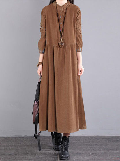 Corduroy Long Sleeves A-line Embroidered Round-neck Midi Dresses