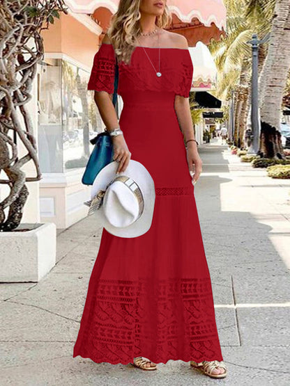 High Waisted Short Sleeves Hollow Color Split-joint Off-the-shoulder Maxi Dresses