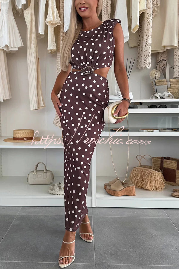 Roxane Polka Dot Print Shoulder Pad Metal Cutout Waist Slit Stretch Maxi Dress