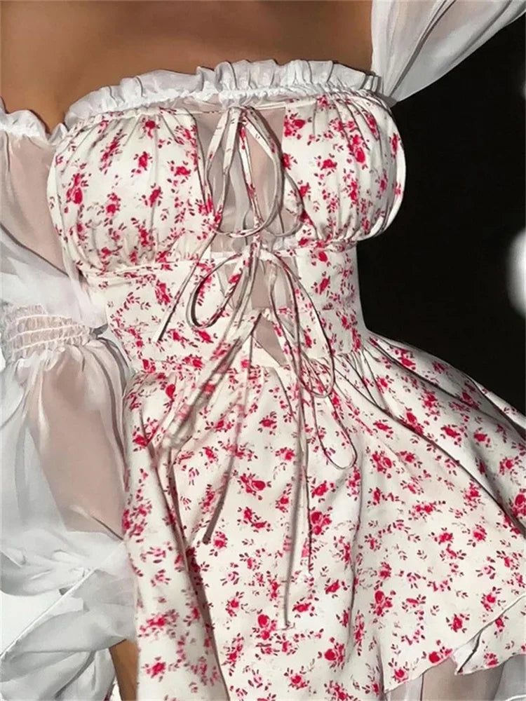 Printed Off-shoulder Mini Dress ’s Ruffled See-through Long Sleeve Bandage Patchwork Dress Female Clothes New