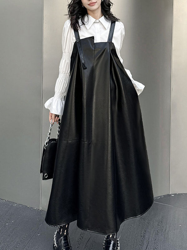 A-line Loose Asymmetric Pleated Color Split-joint Square-neck Midi Dresses Slip Dress