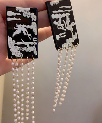 Black Acrylic Pearl Shell Flower Tassel Drop Earrings