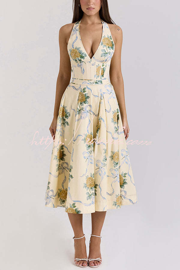 Resort Star Print Waist Halterneck Tie Pocket Midi Dress