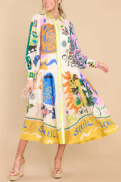 Boldness and Art Unique Print Balloon Sleeve Patchwork Shirt Midi Dress