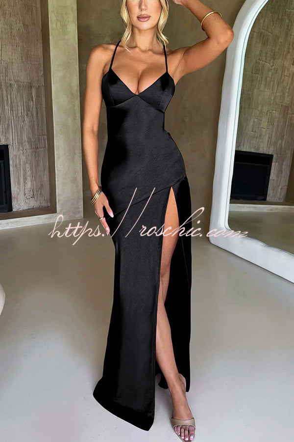 Satin Color Backless Lace Up High Slit Maxi Dress