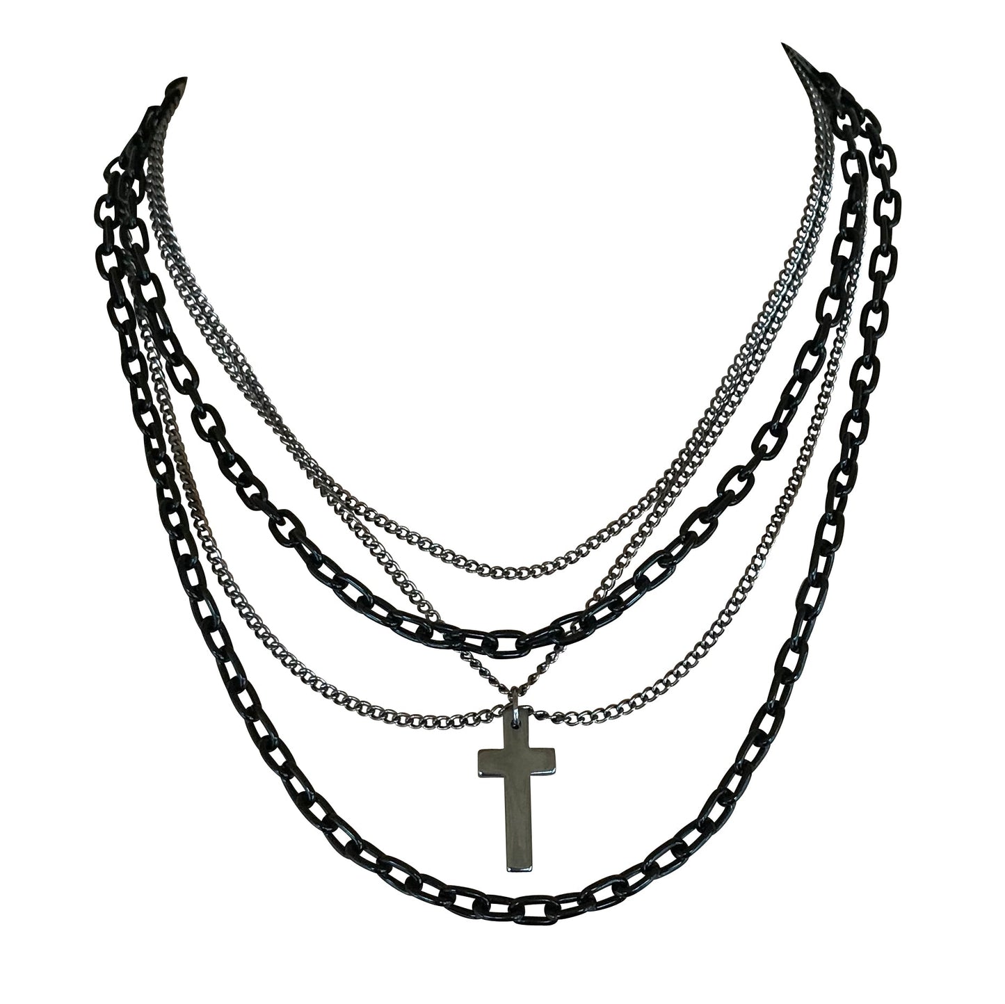 Multilayer Gothic 80s Retro Black and Gunmetal Chain Necklace With Cross