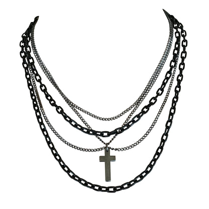 Multilayer Gothic 80s Retro Black and Gunmetal Chain Necklace With Cross