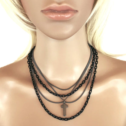 Multilayer Gothic 80s Retro Black and Gunmetal Chain Necklace With Cross