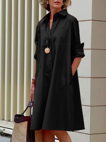 Simple Long Sleeves Color Lapel Midi Dress