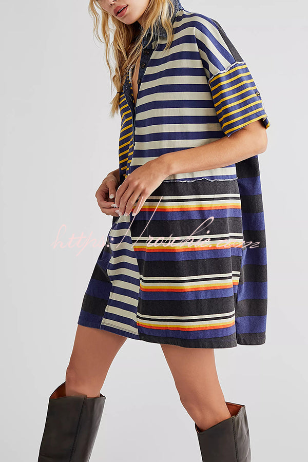 Contrast Striped Patchwork Denim Lapel Loose Mini Dress