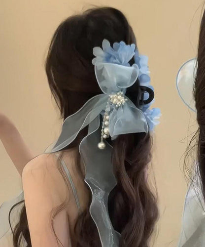 Blue Tulle Bow Pearl Ribbon Hairpin