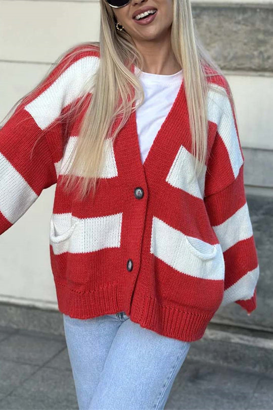 V-neck Long-sleeved Striped Pocket Knitted Cardigan