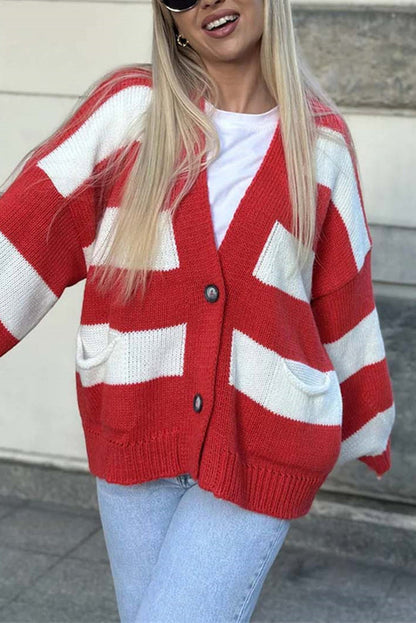 V-neck Long-sleeved Striped Pocket Knitted Cardigan