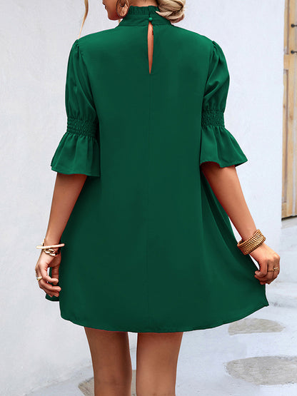 Half Sleeves Loose Color High-neck Mini Dresses