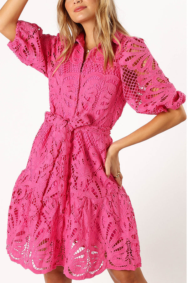 Color Lace Cutout Balloon Sleeves and Waist Tie Mini Dress