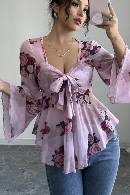 Tie Dye Square Neck Tie Long Sleeve Blouse