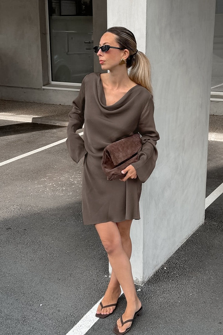 Satin Cowl Neck Long Sleeve Mini Dress