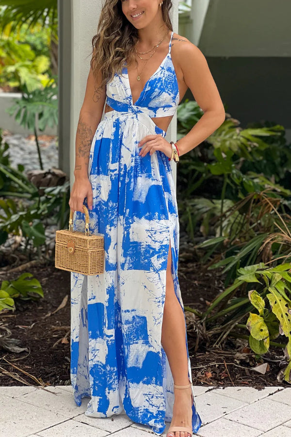 White and Blue Printed Maxi Dress With Cut Outs