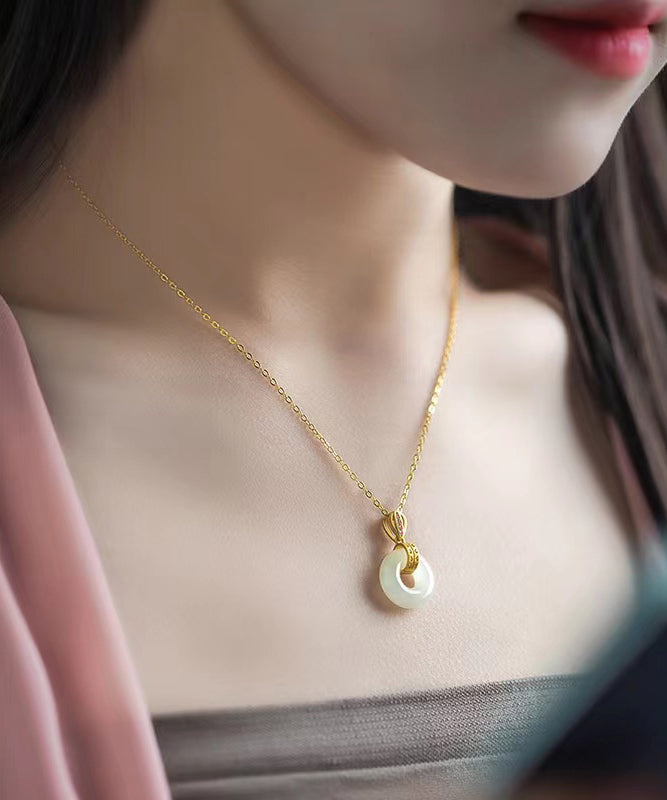 Gold Stainless Steel Alloy Jade Zircon Pendant Necklace