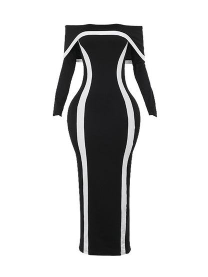 Bodycon Long Sleeves Contrast Color Split-joint Off-the-shoulder Evening Dresses Maxi Dresses